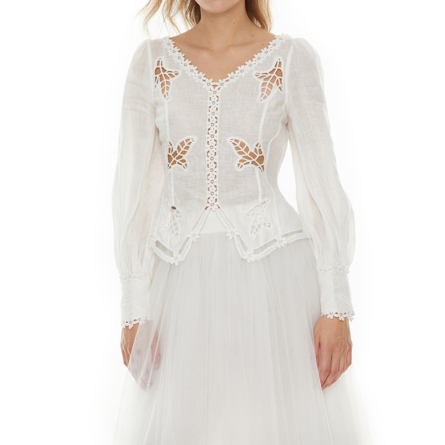 

Women's Blouses & Shirts Embroidered hollow-out lace lantern sleeved linen cardigan top, White
