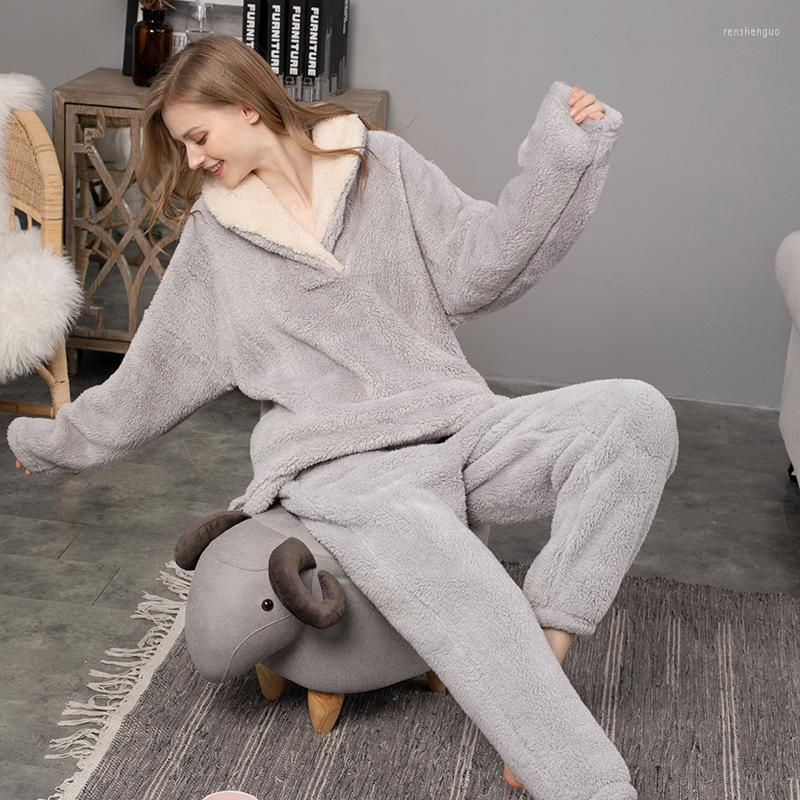 

Women's Sleepwear Pajamas For Women Winter Flannel Warm Set Thicken Sweet Homewear Pijama Two Piece Lady's Suits, Gray