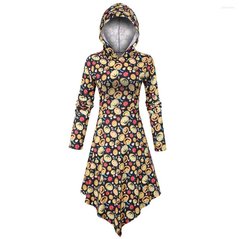 

Casual Dresses Winter 2023 Women's 3D Halloween Print Dress Slim Fit Long Sleeve Hooded Asymmetric Yellow Vestidos Plus Size 3XL