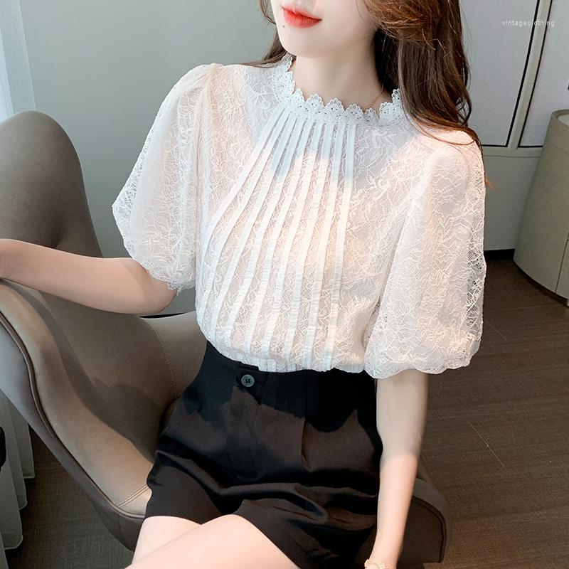 

Women' Blouses Lace Loose Women' Blouse Summer Chiffon Shirt Short Sleeve Casual Top Fashion Female 2023 Korean Style Elegant Clothing, White