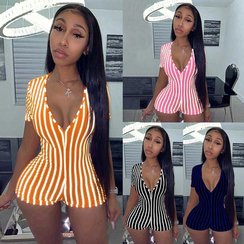 

Summer Womens Clothing Romper Deep V Sexy Sports Striped Short Sleeve Tight, Orange