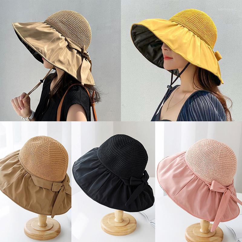 

Wide Brim Hats Summer Panama Cap Big Sun Bucket Hat Straw Beach Female Anti UV Dome Mesh Knit Outdoor For Women TravelWide, Black