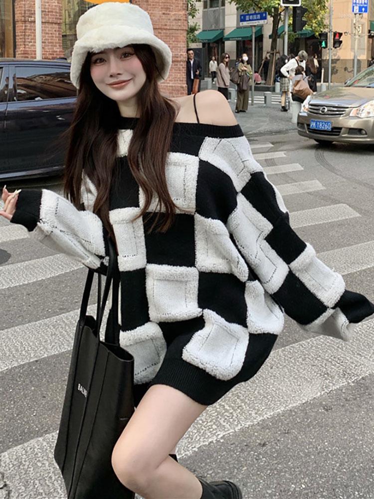 

Women' Sweaters Korean Fashion Women Plaid Oversize Knitted Women' Sweater Fall Winter Clothes Woman V Neck Fairy Grunge Pullovers, Black