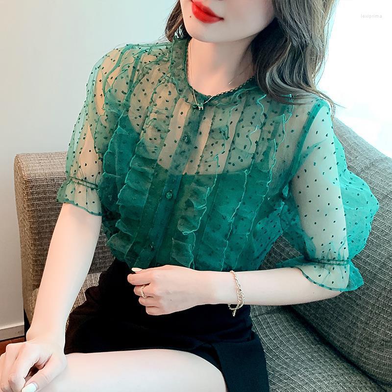 

Women' Blouses Blouse 2023 Summer Korean Women' Wave Dot Western Fairy Spring Drumfront Shirt Bubble Sleeve, Green