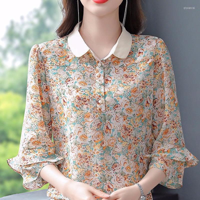 

Women's Blouses Early Spring Flower Chiffon Shirt Women's 2023 Large Size Cover Belly Small Ladies Long Sleeve Blouse Clothes, Yellow