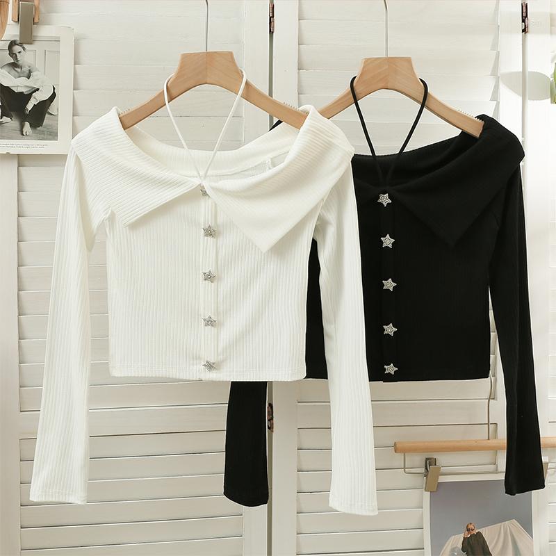 

Women's Sweaters Bodycon Solid Short Knitted Woman Off Shoulder Spring Autumn Casual Long Sleeve Crop Tops Design Korean Style Clothing, Black