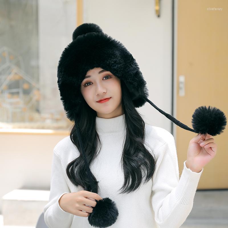 

Beanies Beanie/Skull Caps Woman Autumn Winter Mink Knit Bomber Hat Thick Female Fluffy Pompom Outdoor Warm Windproof Earflap Trapper Snow, Black