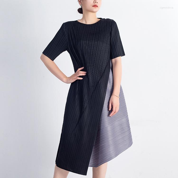 

Party Dresses Miyake Pleated Ladies Casual Fashion Colorblock Dress Short Sleeve Irregular Midi, Picture color