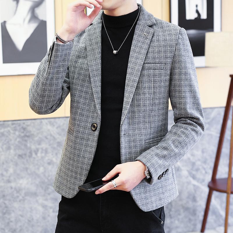 

Men's Suits & Blazers Autumn Winter Suit Jacket Korea Slim Plaid Coat High Quality Single Breasted LongSleeve Business Casual Clot, Brown