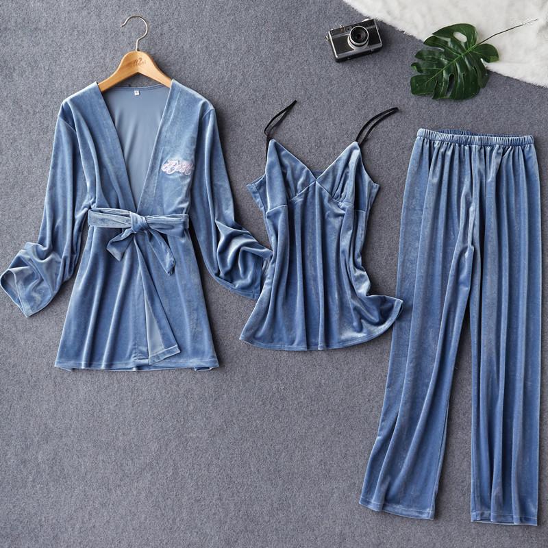 

Women's Sleepwear Women 3PCS Print Letter Kimono Pajamas Set Velour Bathrobe Sexy Strap Top Nightgown Robe Pyjamas Pant Sleep Suit Home, Color 1