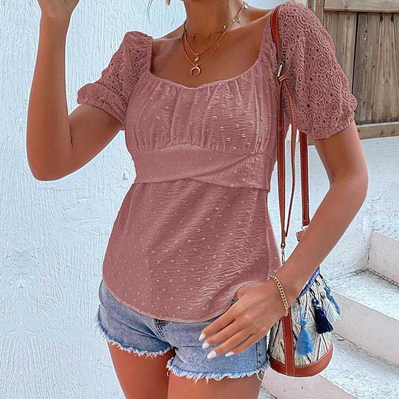 

Summer Lace Patchwork Chiffon Shirt Square Collar Short Sleeve White, Watermelon