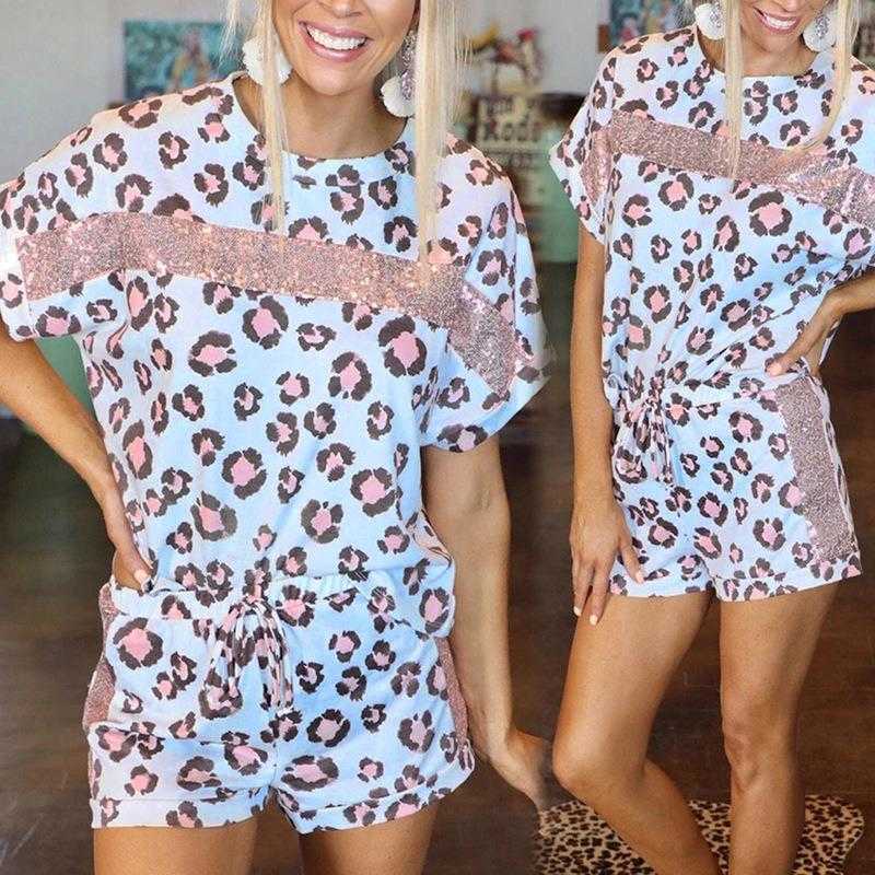 

Womens Printed Round Neck Pants Short Sleeve Loose Skirt Leisure Suit, Blue