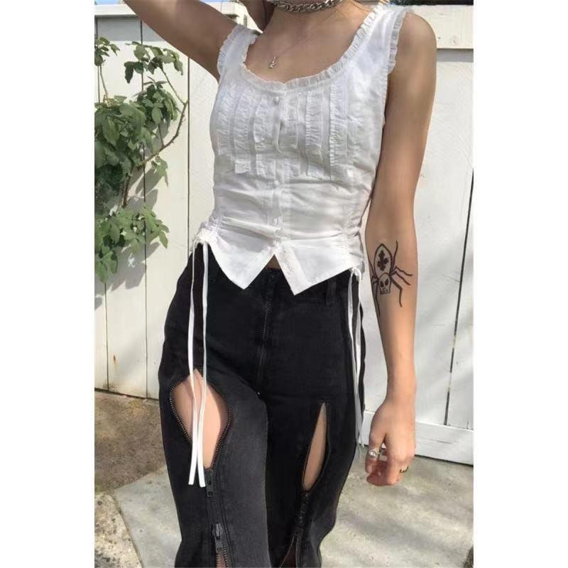 

Women' T Shirts Summer Korean Fashion Y2K Ruffled White Short Cute E-girl Button Drawstring Sleeveless Vest Square Collar
