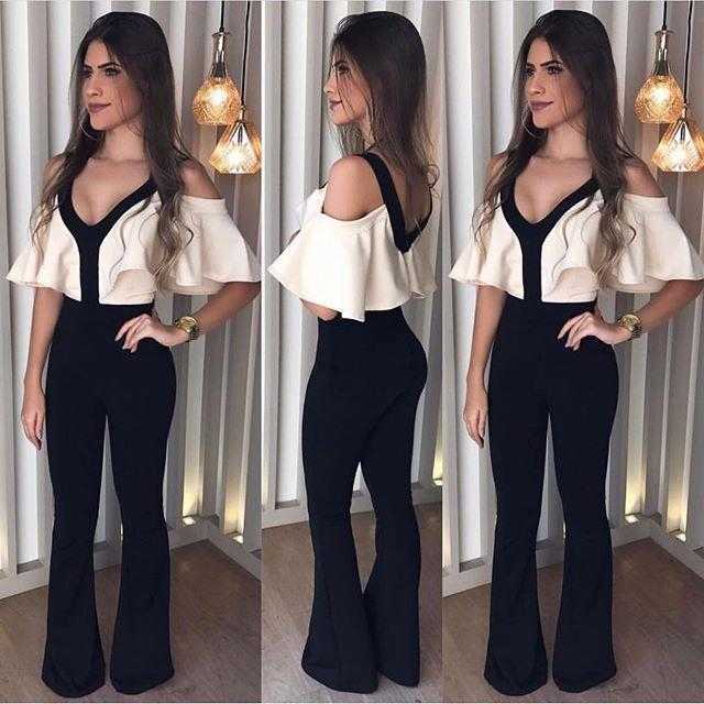 

Summer Autumn And Winter Patchwork Sexy Jumpsuit V Neck Slimming Waist For Women, Black