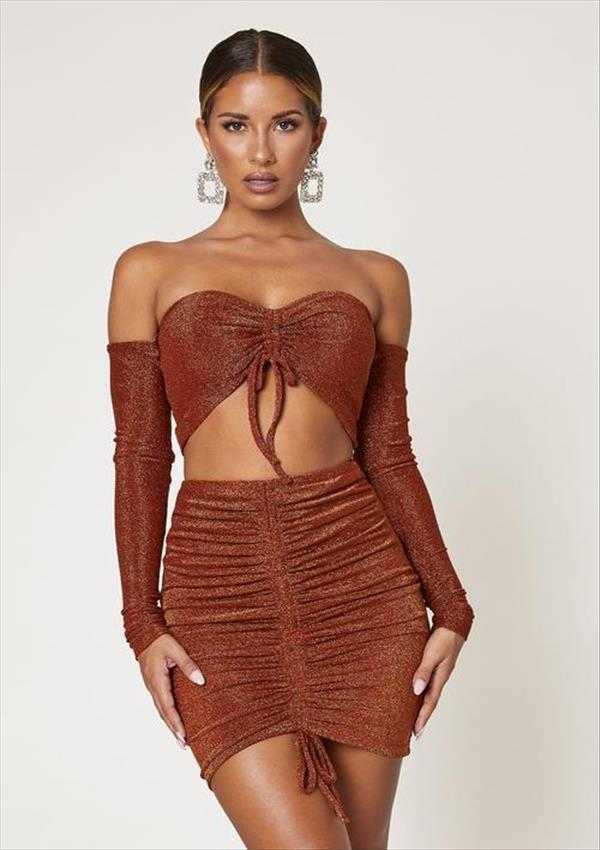 

Nightclub Off The Shoulder Dresses Long Sleeve Tube Top Two Piece Short Skirt Gold, Khaki