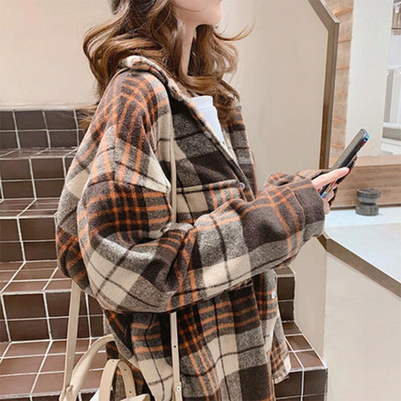 

Women' Jackets Woolen Coat Autumn And Winter Thickened 2023 Fashionable Shirt Retro Hong Kong Style Plaid Top, Beige