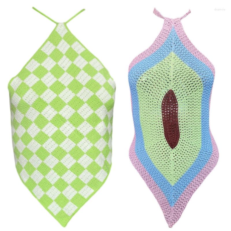 

Women' Tanks Women Sexy Halter Backless Crop Top Mutlicolor Argyle Plaid Knitted Camisole Harajuku Crochet Slim Irregular Hem Vest, Gn