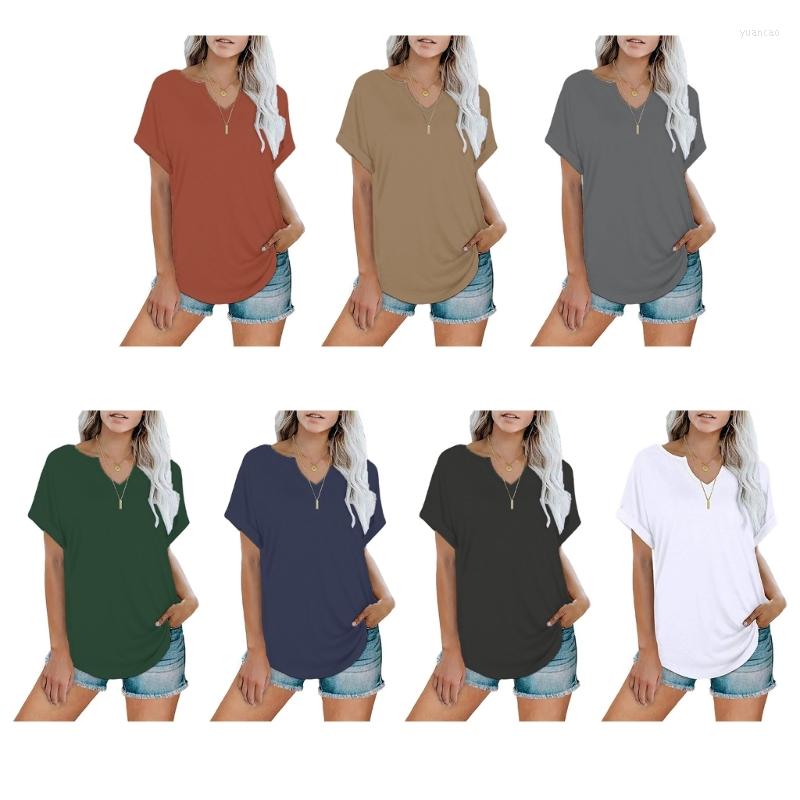 

Women' T Shirts Women Roll-Up Short Sleeve Notched V-Neck Blouses T-Shirt Summer Casual Loose Plain Solid Color Tunic Top Streetwear, Black