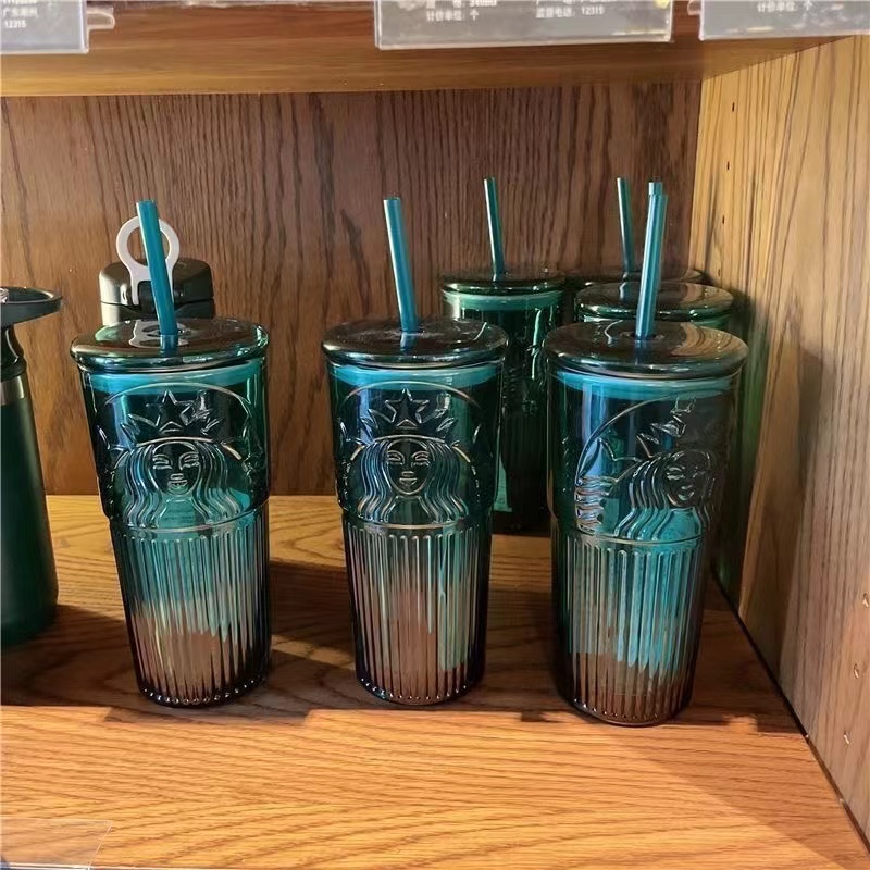 

Starbucks Mugs 18OZ/550ml dark green Goddess style glass Straw cup large capacity high appearance level gift cup Ice Coffee cup