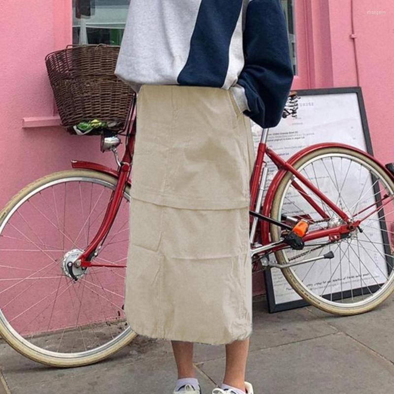 

Skirts Women's Skirt High Waist Slant Pockets Drawstring Hem Stitching Design Cargo Lady Solid Color Casual Maxi Streetwear, Khaki