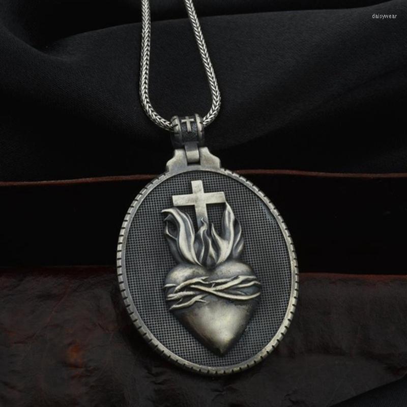 

Pendant Necklaces Christian Jesus Sacred Heart Medal Round Cross Necklace Men's Catholic Religious Chain