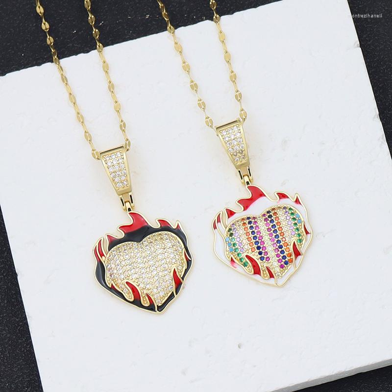 

Chains Halloween Flame Heart Necklace Multicolored Stone Iced Out Pendants Bubble Woman Holiday Gifts For 2023 Harajuku Style