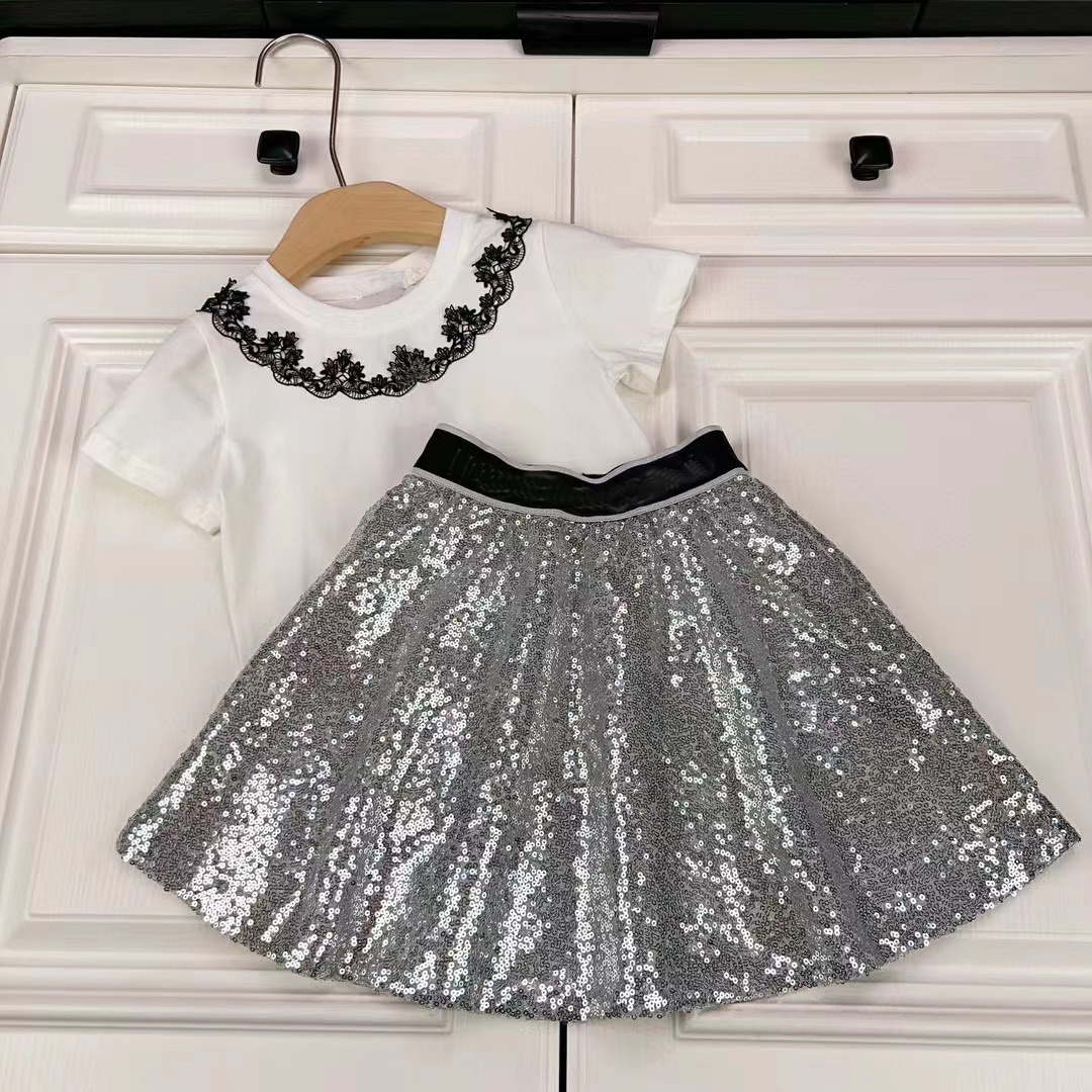 

2023 Kids girls 2Pcs Lace sets Fashion Summer sequins outfits Children clothes, White