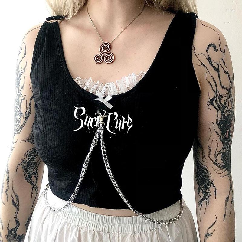 

Women' Tanks E-girl Gothic Letter Print Black Tank Top With Chain Korean Kawaii Lace Crop Harajuku Grunge Mall Goth Mini Vest Women 2023