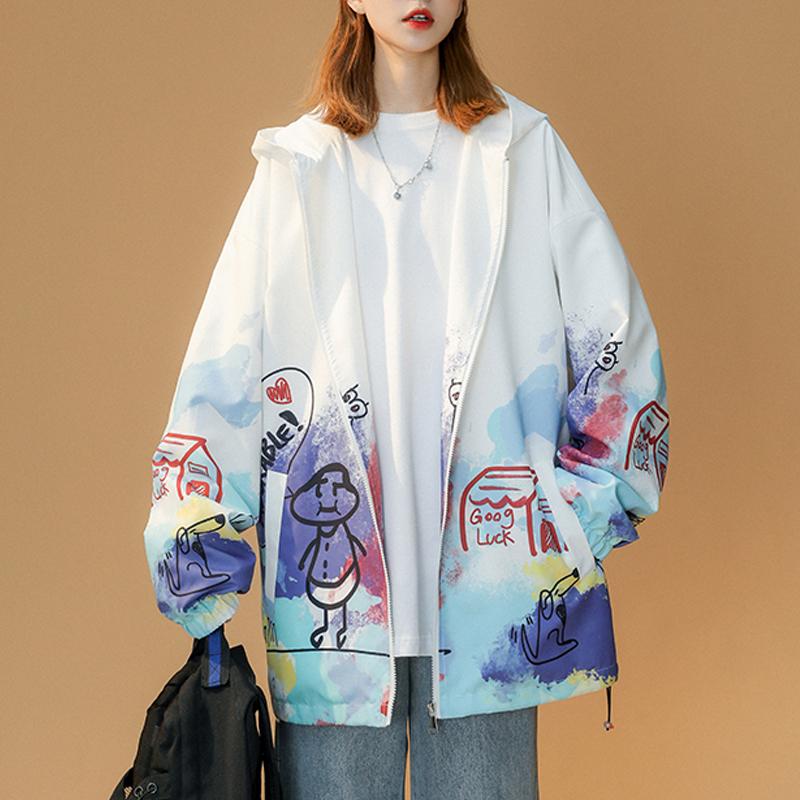 

Women's Jackets Spring Casual Graffiti Jacket Vintage Print Tops Women Fashion Oversized Slim Zipper Hooded Ladies Loose Coat WomanWomen's, Black