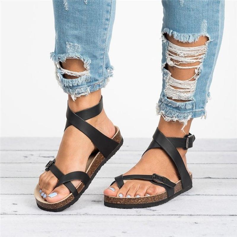 

Sandals Summer Women Fashion Gladiator Cork Casual Beach Non-slip Buckle Strap Sandalias Shoe, Black