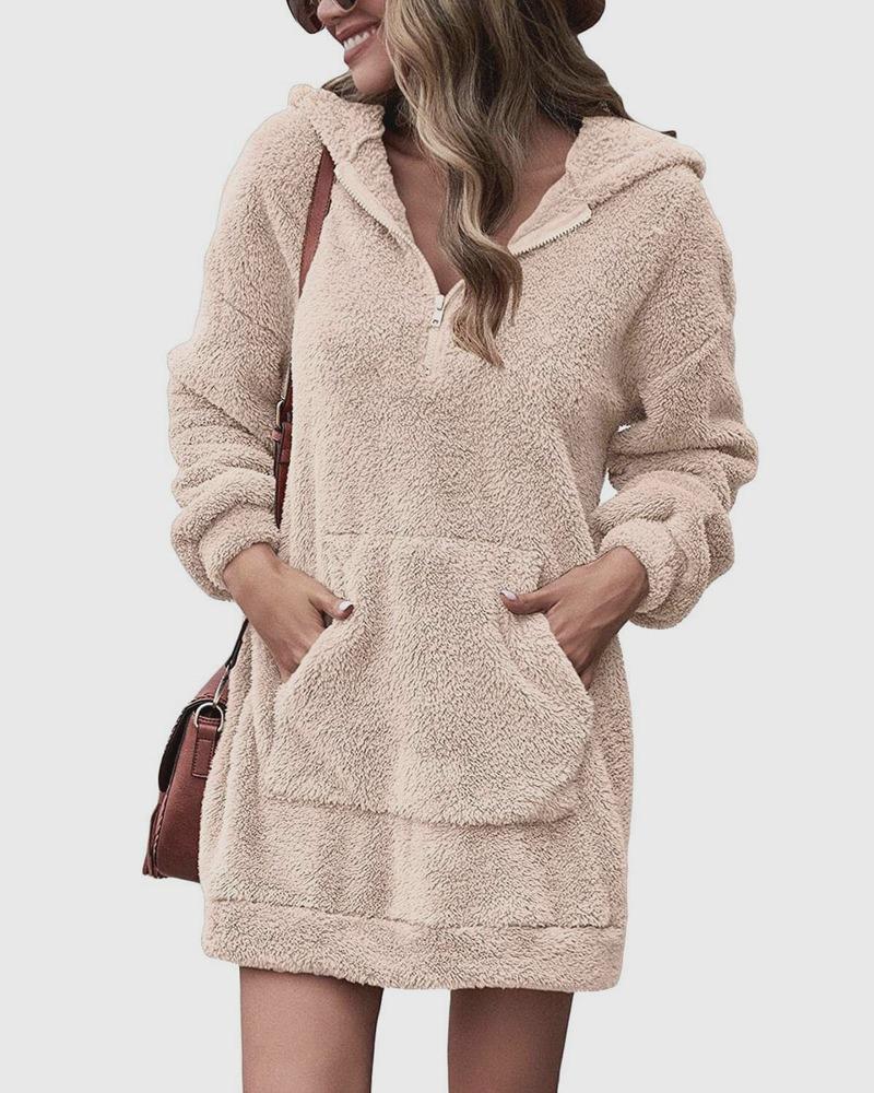 

Women's Hoodies & Sweatshirts 2023 Spring Autumn Casual Women Thick Plush Solid Color Pockets Zipper V-Neck Warm Long Pullovers, Khaki