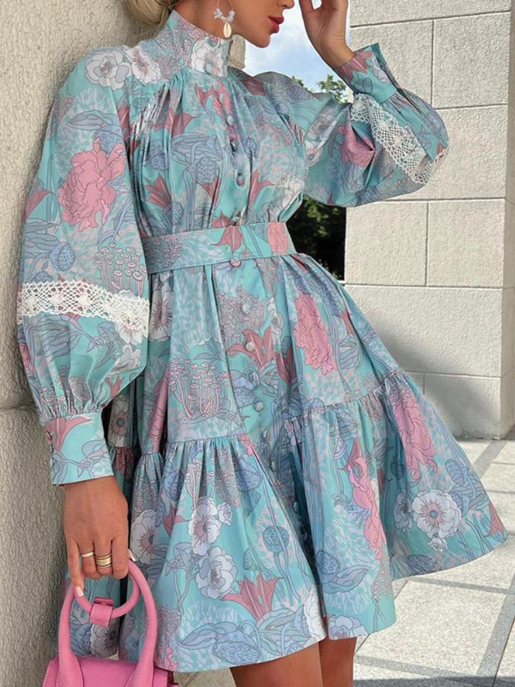 

Casual Dresses 2023 Long Sleeves Floral Dress Women Puff Sleeve High Waist Vintage Bandage Lace Trim Party Gothic Clothes Woman, Pink