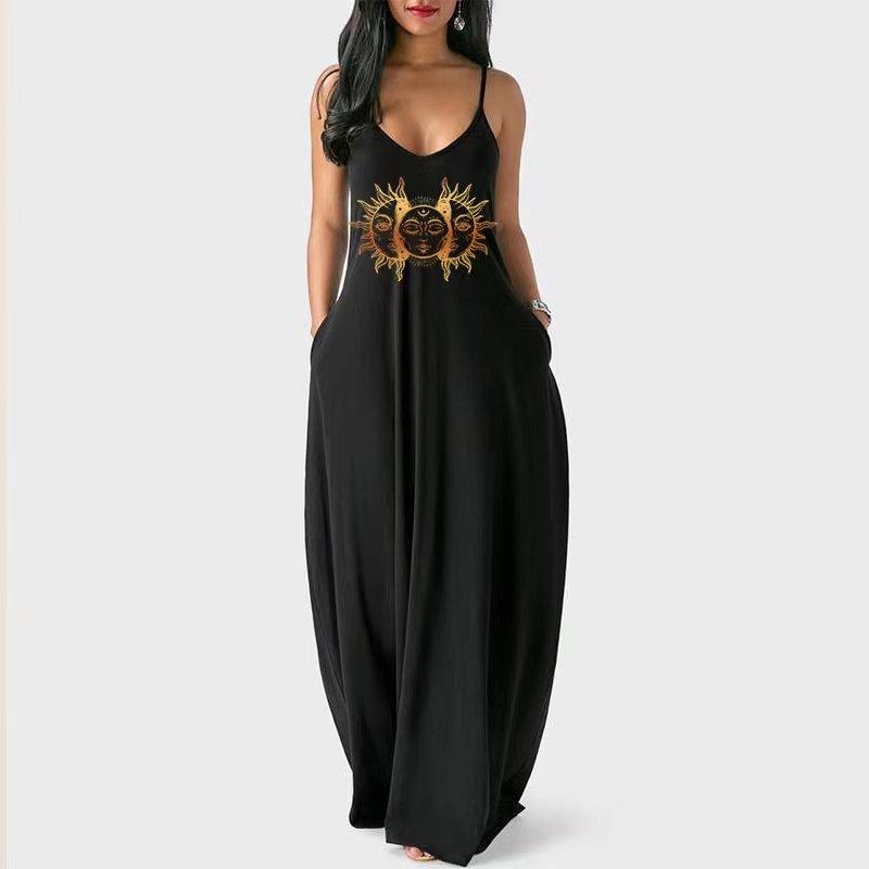

Casual Dresses Hippie Moon Pattern Printed Dress Womens Sleeveless Pocket Maxi Summer Hawaiian Beach Tank Plain DressCasual, Black