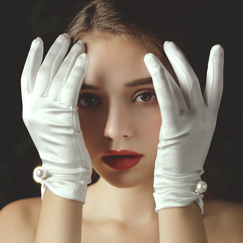 

Five Fingers Gloves WG014 1 Elegant Wedding Bridal Short Wrist Smooth Satin Pearls Marriage Bride to Be Finger 230225