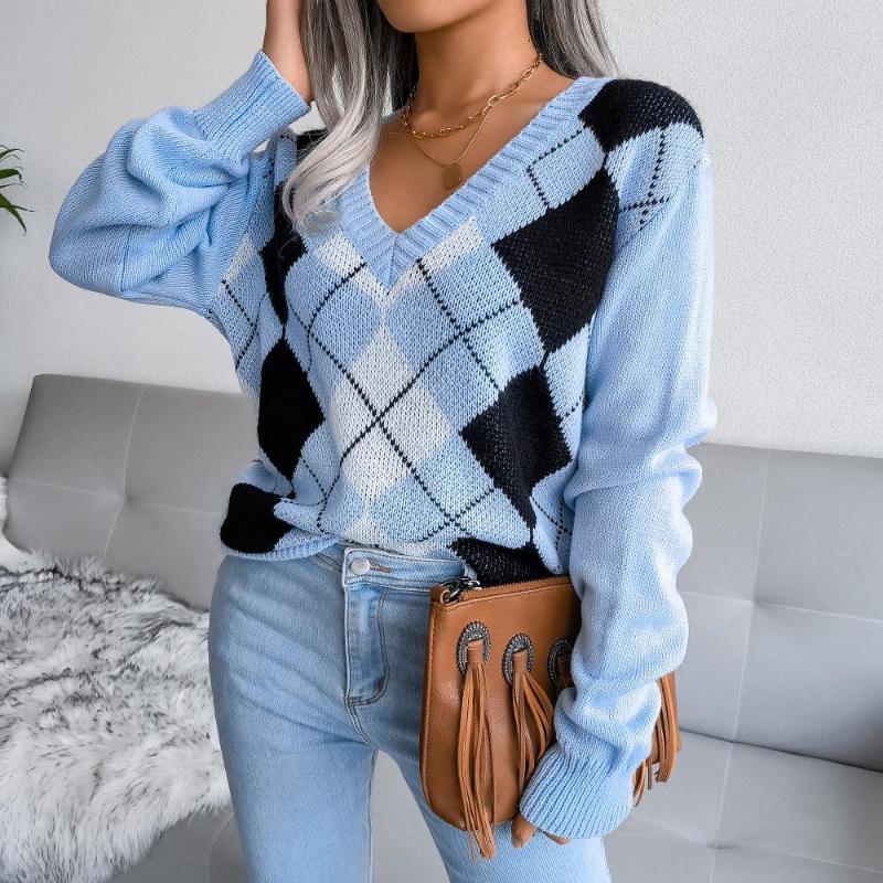 

Women' Sweaters V Neck Plaid Sweater Women 2023 Preppy Style Long Sleeve Knitted And Pullovers Womens Clothes Autumn Winter Y2k, Blue