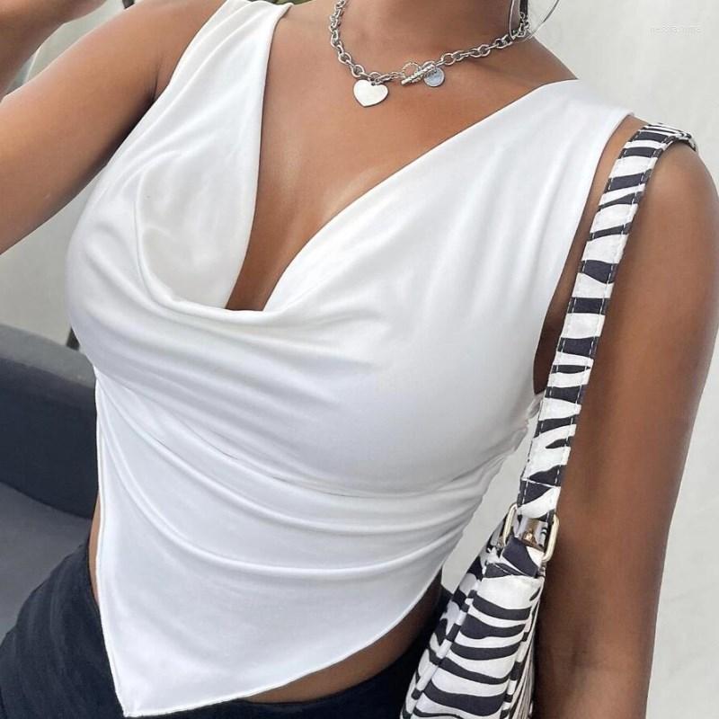 

Women' Tanks Sexy 2023 Summer Ruffles Ruched Korean Version Tank Tops For Women Sleeveless White Fashion V-neck Cropped Top Club Clothing, Black