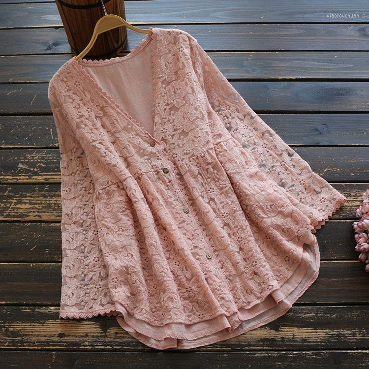 

Women's Blouses 5896 Spring Women Literary Japan Style Mori Girl Embroidery Loose Fake Two-Piece Tops V-Neck Long Sleeve Cotton Shirts, Pink