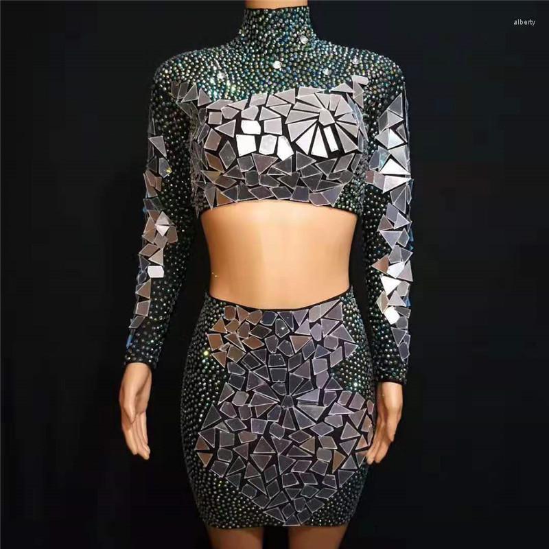 

Stage Wear Black Mesh Perspective Sparkly Mirrors Dress DJ Dance Costume Evening Party Birthday Celebrate Performance