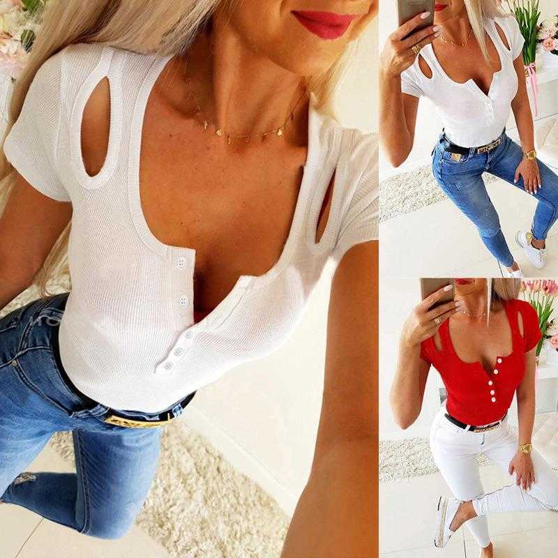 

Summer Solid Color Blouses Short Sleeve V Neck Hollow Casual Tight T Shirt Female, White4