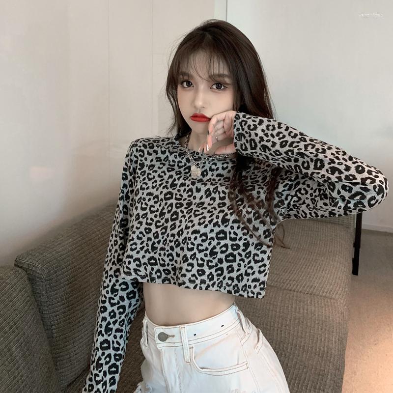 

Women's T Shirts 2023 Women Leopard T-Shirt Loose Short Belly Button Slimming Top Female High Street Korean All-match Long Sleeve, Gray