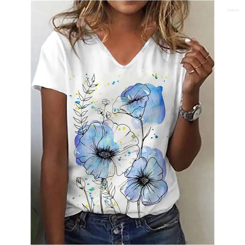 

Women' T Shirts Tops Women 2023 Sexy V Neck Short Sleeve Tee Chic Woman Blouse 3D Floral Print Clothing Female White Top Fashion T-shirt, Hiusha-36