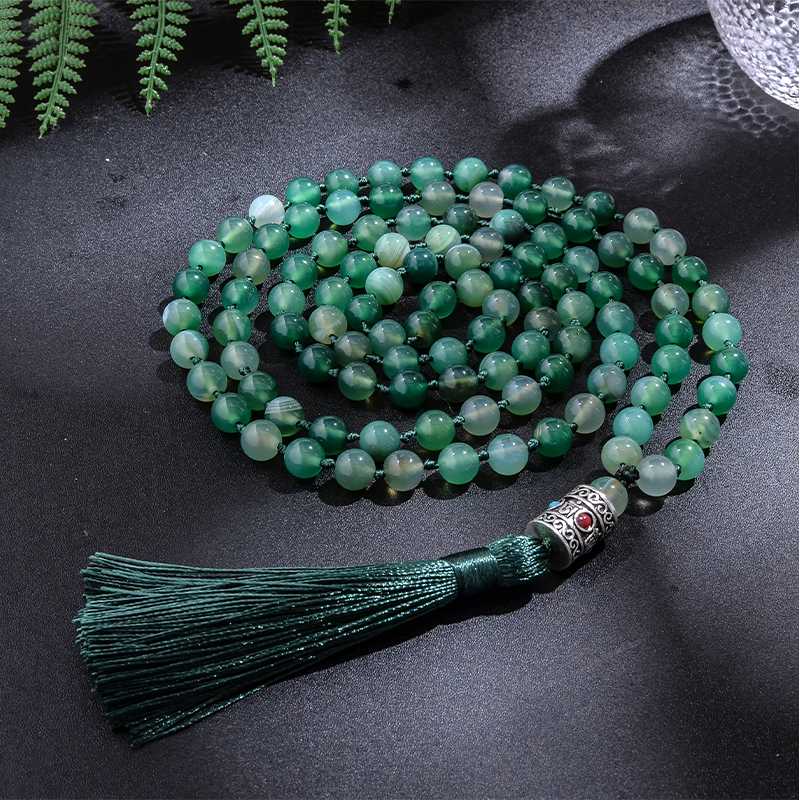 

Pendant Necklaces 8mm Green Striped Agate Japamala Knotted Necklace 108 Mala Beaded Meditation Yoga Blessing Jewelry Set Tibetan PendantPend