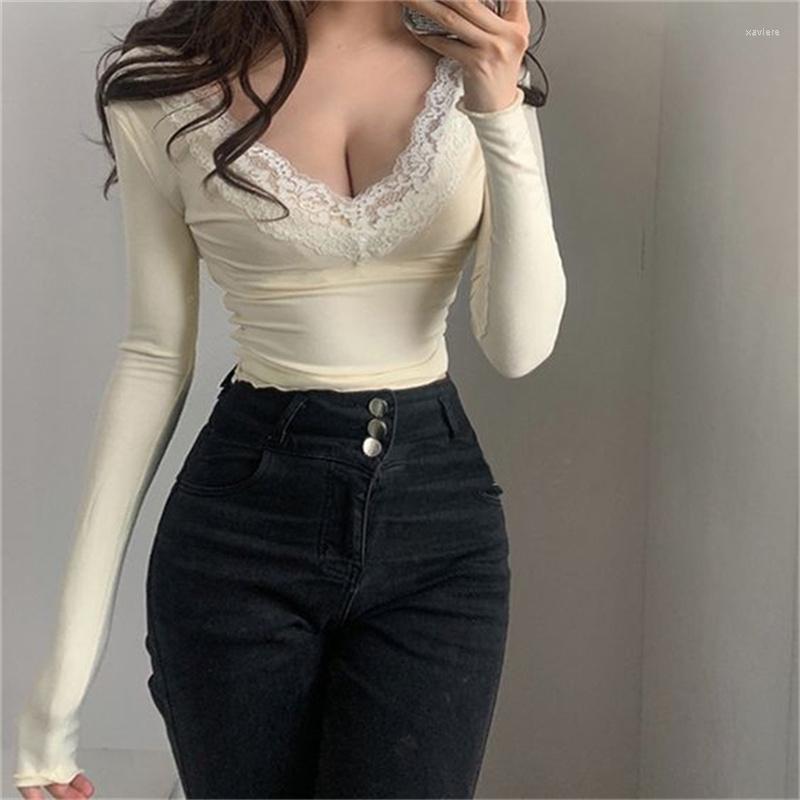 

Women' T Shirts Spring Autumn Women Solid Color Lace Splicing Tops Leisure Style Deep V-neck Long Sleeve Sexy Slim Base T-Shirt, White