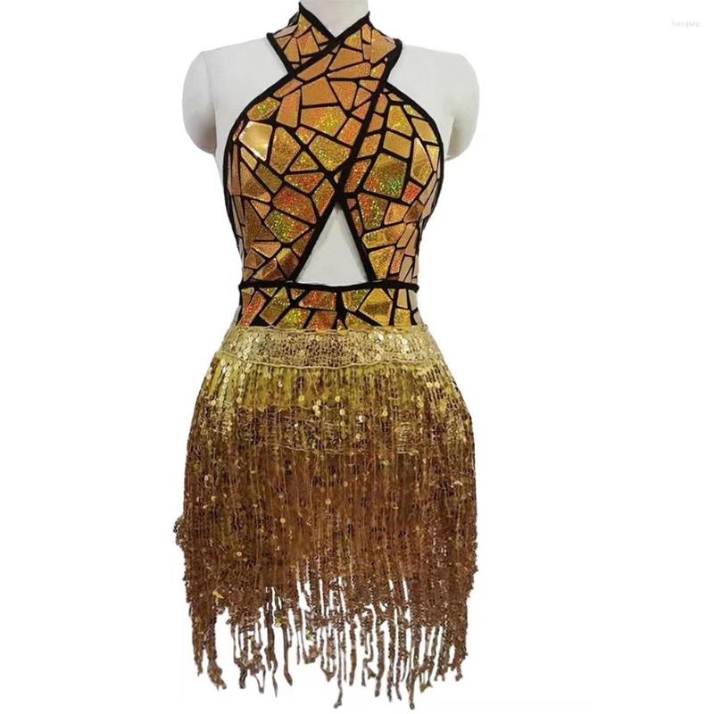 

Stage Wear Magic Mirror Halter Sleeveless Tassel Sequined Dress Club Bar Above Knee Showgirl Costume Latin Dance, Black