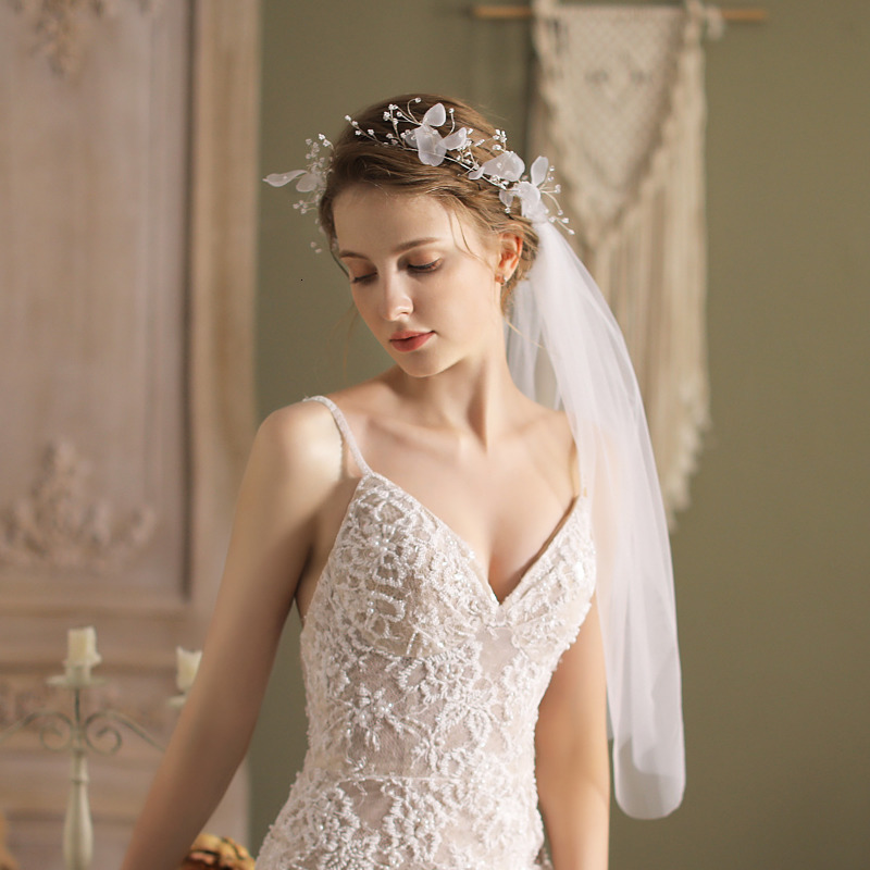 

Wedding Hair Jewelry White Bride Veils Flowers Hairband Soft Tulle One Layer Fingertip Marriage Girls Veil Accessories 230225