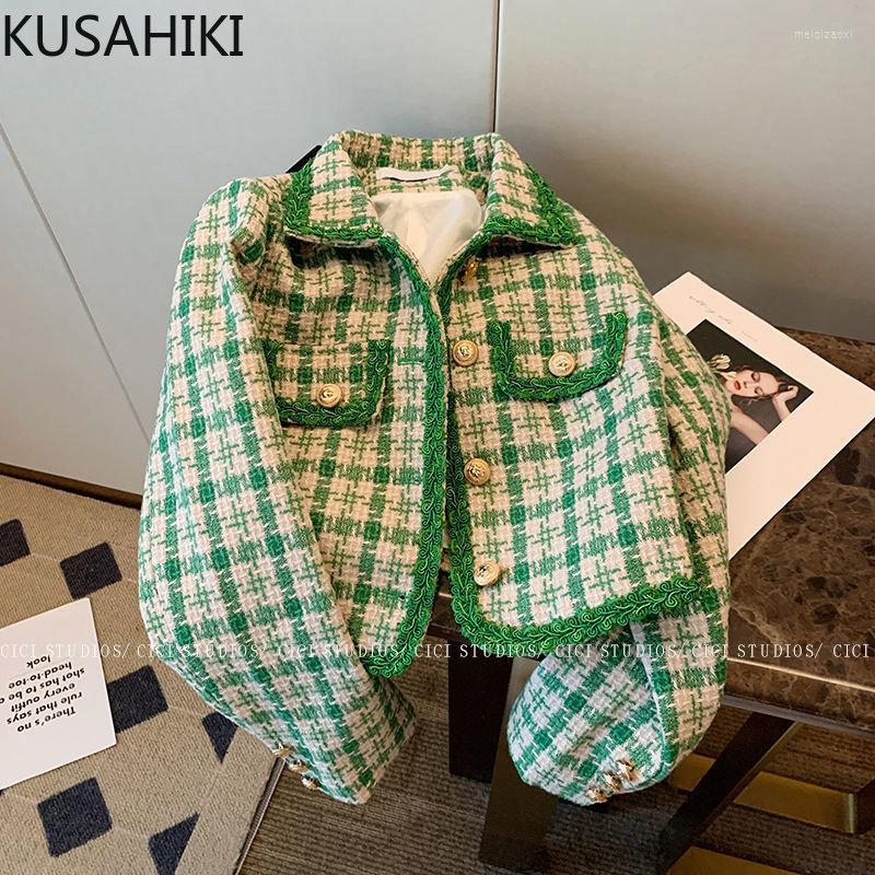 

Women' Jackets KUSAHIKI Hit Color Plaid Women Short Jacket Spring Autumn Elegant Coat Causal Long Sleeve Turn-down Collar Outwear Tops