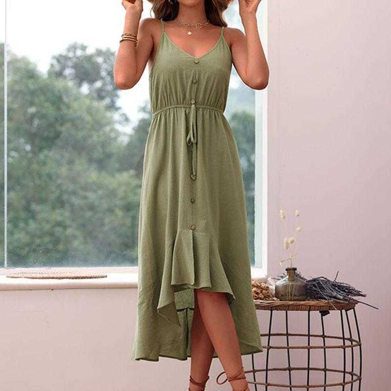 

Solid Color Midi Dress Beach Loose Strap Green Cotton And Linen