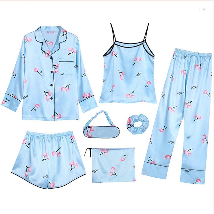 

Women's Sleepwear Cherry Print Women Pajamas Nightdress Shorts Long Sleeve Pajama Set Female Summer Home Wear, Blue