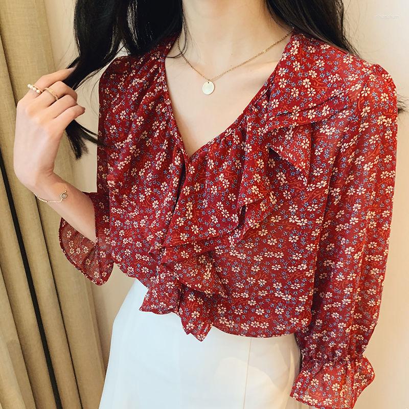 

Women' Blouses Women Spring Summer Style Chiffon Shirts Lady Casual V-Neck Short Lantern Sleeve Flower Printed Blusas Tops DD8882, Red