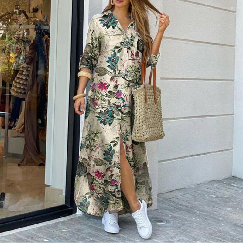 

Casual Dresses Dress Long Sleeve Women Fashion Flowers Leopard Camo Print Split Hem Maxi Shirt Robe For Holiday Autumn Lady Vestidos -3XL, Yellow